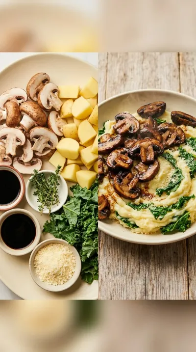 Balsamic Roasted Mushrooms with Herby Kale Mashed Potatoes - ready to serve